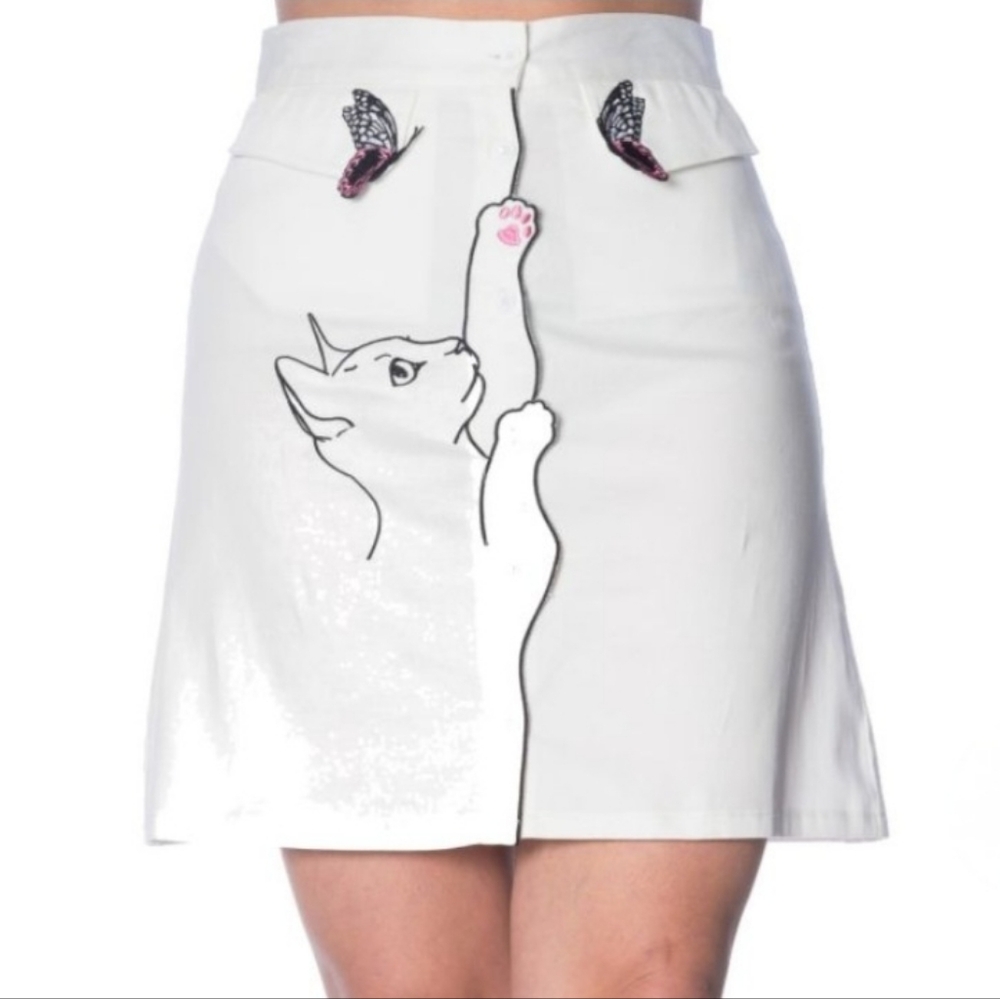 Banned Retro White Meow Cat and Butterfly Skirt